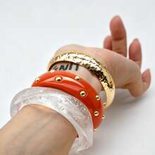 GNIT Gold & Resin Bangle Bracelets For Women, 3PCS/1pc Chunky Statement Stackable Bangles With Hammered Gold, Silver Foil & Studded Jewelry Set - Orange. Translucent. Gold - View 3