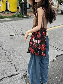 French-Inspired South Seas-Style Canvas Bag With Vintage Red Roses, Shoulder Strap, Large Capacity Perfect For Daily Commuting And Business Use - Rose Red - View 9