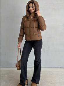 Women's Oversized Faux Leather Zip-Up Jacket Drop Shoulder Belted Bomber Coat Black - Brown - View 4