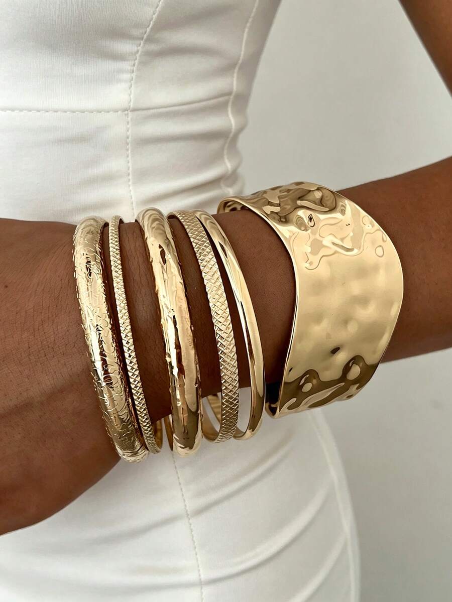 6件組復古優雅寬版素面金屬鐵製手鐲,適合女性日常、派對、度假等多種場合,禮物首選 - 金色 - 查看 1