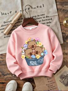 Set 2 Potong untuk Anak Perempuan, Sweatshirt Kerah Bulat dengan Gambar 3 Capybara Lucu + Celana Panjang Model Denim Motif Bunga dan Pita, Cocok untuk Pakaian Sehari-hari Musim Gugur/Musim Dingin - MultiWarna - View 6