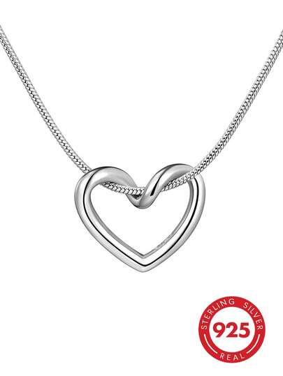 1pc 925 Sterling Silver Silver-Tone Twisted Hollow Heart Snake Chain Necklace, Minimalist Niche Women's Couple Collarbone Chain, Confession Anniversary Gift Jewelry