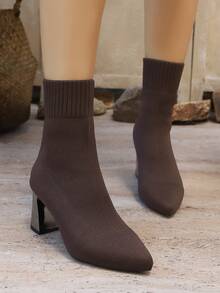 Modische Retro-Sockenstiefel mit spitzer Zehenpartie und elastischem Schaft für Damen, Stiefel mit Blockabsatz und engem Sitz bis zur Mitte der Wade, elegante, lässige und vielseitige Stiefeletten für den Alltag im Herbst/Winter, braune Stiefel, schwarze Stiefel, rote Stiefel, kaffeefarbene Stiefel - Kaffeebraun - Übersicht 4