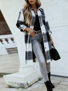 Long Plaid Shacket Women, Collared Button Down Oversized Long Flannel Coat For Women's Vacation, Concert, Birthday Daily Street Casual Outfits - Blue - View 4