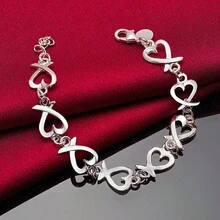 925 純銀鍍心形手鍊耳環戒指套組 女款婚禮訂婚派對珠寶 - 銀色 - 查看 3