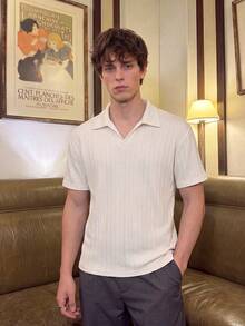 Men's Beige Cable Knit Texture Polo Shirt, V-Neck Short Sleeve Casual Knit Top - Apricot - View 1