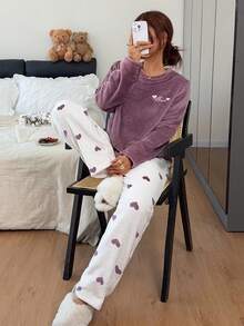 Dreamivo Flannel Colorblock Heart Long Sleeve Top And Pants Warm Pajama Set, Autumn/Winter, Comfortable - Purple - View 2