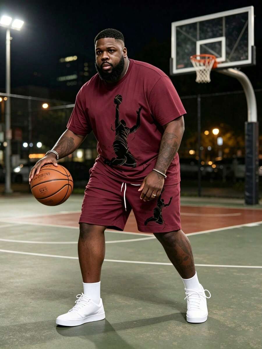 2 piezas Conjunto de Baloncesto Deportivo para Hombres Talla Grande con Estampado, Conjunto Combinado de Baloncesto Amarillo, Camiseta de Manga Corta con Cuello Redondo y Pantalones Cortos con Cordón, Material de Malla - Burdeos - Ver 1