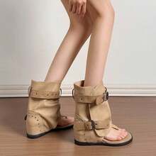 Women's New Punk Style Open Toe Mid-Calf Sandals, Featuring Rivets And Buckle Straps, Unique Design, Built-In Height Increase - Khaki - View 5