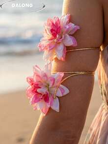 Beach Vacation Floral Arm Cuff Bohemian Style Pink Dahlia Bracelet Personalized Double Layer Arm Chain Beach Photography Accessory - Pink - View 3