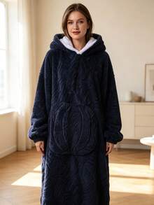 Hooded Pumpkin Wearable Blanket Bathrobe, Suitable For Cold Weather, Multiple Colors Available: Beige, Light Gray, Navy Blue, Orange Red, Pumpkin Embossed Pattern, Heavyweight Thickened Flannel Lining With Lamb Fleece, Long Pile Texture - Multicolor - View 9