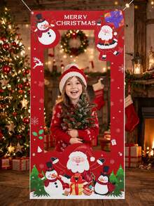 1件裝聖誕紅色懸掛式拍照框，聖誕老人與雪人圖案，Merry Christmas乙烯基拍照背景框，拍照亭背景布條，聖誕裝飾，聖誕裝飾，聖誕裝飾，派對背景裝飾，室內/室外節日派對裝飾，拍照道具，冬季居家裝飾 - 彩色 - 查看 4