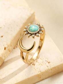 1 Peça Anel de Pedra Olho de Gato Criativo e Fashion, Anel de Joia Minimalista Casual Versátil Personalizado com Estilo Vintage Desgastado para Mulheres, Adequado para Uso Diário, Reuniões e Deslocamento - cor dourada antiga - Visão 3