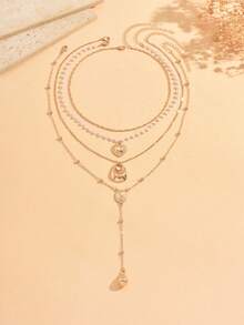 4pcs/Set Luxury Exquisite Gold Necklace Set With Heart, Water Drop, Yuanbao Decor, Y-Shaped Multi-Layer Layered Necklaces For Women, Suitable For Daily Wear, Dating And Vacation, Chain Length Cut By Section, Number Of Sections Not Fixed - Multicolor - View 3
