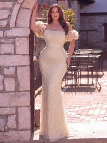 Women's Elegant Plus Size Sequin Off-Shoulder Maxi Mermaid Dress With Cold Shoulder Sleeves Perfect For Formal Evening Events - Apricot - View 1