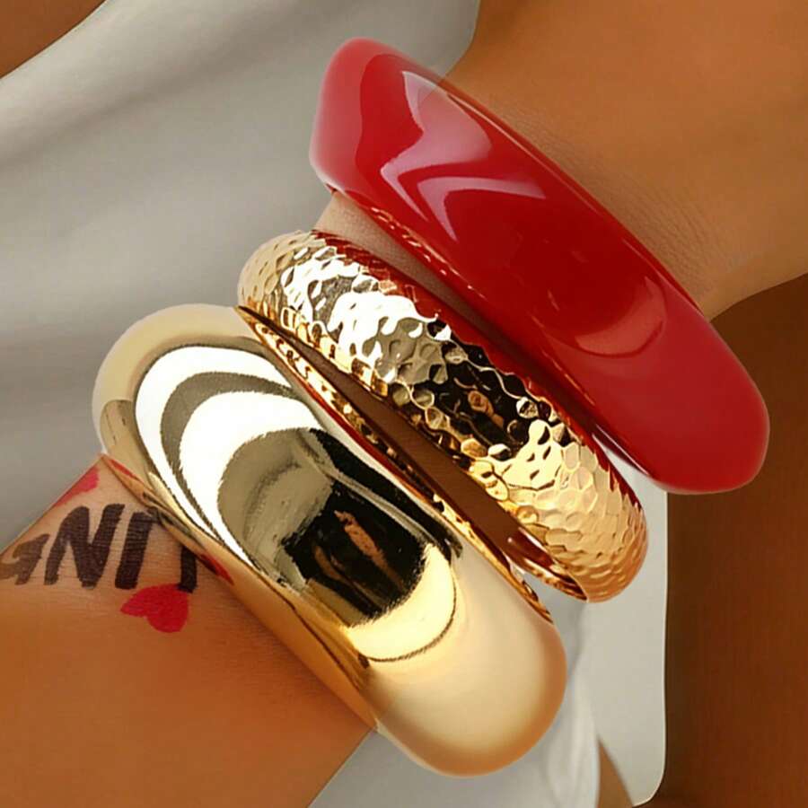 GNIT 3pcs Women's Gold & Tortoise Shell Textured Bracelets, 18K Gold Plated Resin Material Exaggerated Layered Bracelet Set, Suitable For Various Outfit Matching - Red Series - View 1