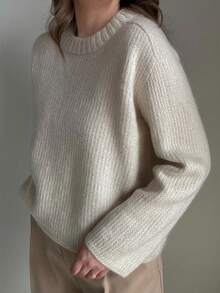 Cream White Ribbed Crew Neck Long Sleeve Soft Loose Slouchy Slimming Versatile Autumn/Winter Knit Sweater - Apricot - View 8