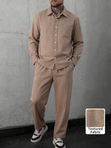 [Minimalist Premium Style]Spring/Autumn Khaki Textured Long Sleeve Drawstring Pants Set, Lapel Collar Chest Pocket + Cuff Buttons, Draping Skin-Friendly Urban Casual Slouchy 2 Pieces Set - Coffee Brown - View 3