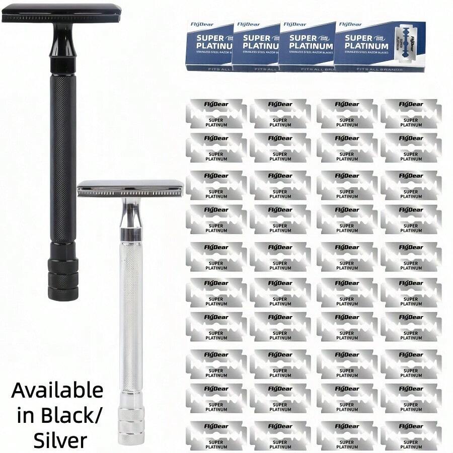 Double-Edged Metal Razor Traditional Men'S Double-Edged Razor Manual Beard Shaver Aluminum Alloy Handle Manual Old-Style Razor Men'S Double-Edged Razor, Suitable For 10 Occasions Perfect For Men'S Grooming, Essential Tool For Daily Shaving