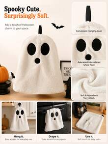 1pc/3pcs/5pcs Cute & Fun Ghost Pattern Hand Towels, Highly Absorbent, Quick Drying, Soft & Skin-Friendly, Decorative Towels For Kitchen & Bathroom, Creative Home Gifts - White - View 3