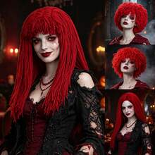 Gothic Horror Style Red Yarn Dreadlock Wigs, Multiple Short Fluffy Bob & Long Straight Afro Braided Synthetic Vampire Cosplay Wig For Halloween, Haunted House, Dark Fantasy Costume, Scary Theme Party, Holiday, Concerts, Exhibition & Daily Use - Multicolor - View 4