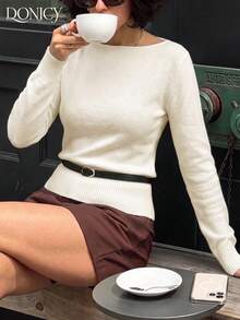 DONICY كنزة نسائية كريمية اللون بأكتاف مكشوفة وأكتاف منسدلة بتصميم فضفاض محبوكة، ملابس أنيقة للربيع والخريف، توب كاجوال - لون مشمشي - مشاهدة 6