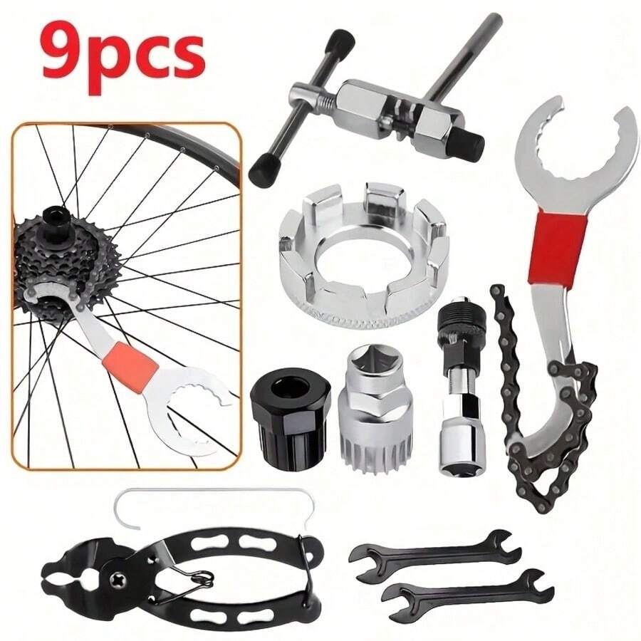 9pcs Mountain Bike Repair Tool Kit - Multi-Functional 3-In-1 Tool With Sturdy Rear Hook Wrench, Long Axle And Small Gear Chain Removal, Easy For Effective Maintenance And Repair - Multicolor - View 1