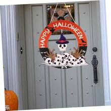 1pc Happy Halloween Wooden Door Hanging Decor, Spider Web Pumpkin Ghost Skull Wall Plaque, Front Porch Party Decoration - Multicolor - View 7