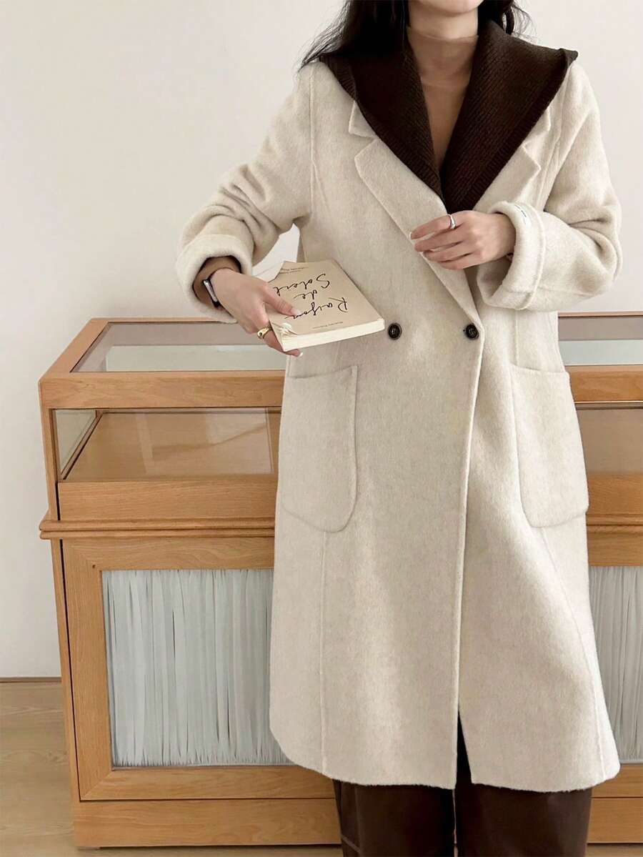 Casual Chic Women's White Wool Overcoat, Full Length Regular Fit With Hood And Buttons, Ideal For Winter.