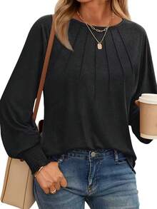 3pcs Women's Ribbed Pleated Long Sleeve Crew Neck Knit T-Shirt, Regular Length, Slightly Elastic, Perfect Casual Top For Autumn/Winter - Brown+White+Black - View 3