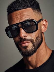 1 Pasang Kacamata Pria Hitam Model Aviator Jembatan Ganda Bingkai Tebal Gaya Retro - Hitam - View 2