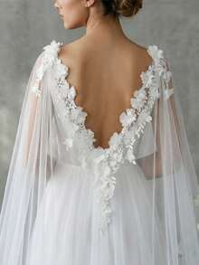 1pc V-Neck 3D Floral Lace Cape Veil, Floor-Length Arc Large Sheer Mesh Cape, Bridal Backless Wedding Dress Accessory For Church Ceremony, Ethereal Back Cover - Multicolor - View 2