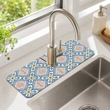 1pc Printed Pattern Diatomaceous Earth Faucet Absorbent Mat, Quick-Drying Non-Slip Sink Splash Guard, Rubber Bottom Kitchen Bathroom Faucet Drainage Pad, Countertop Splash Protection Mat - Multicolor - View 9