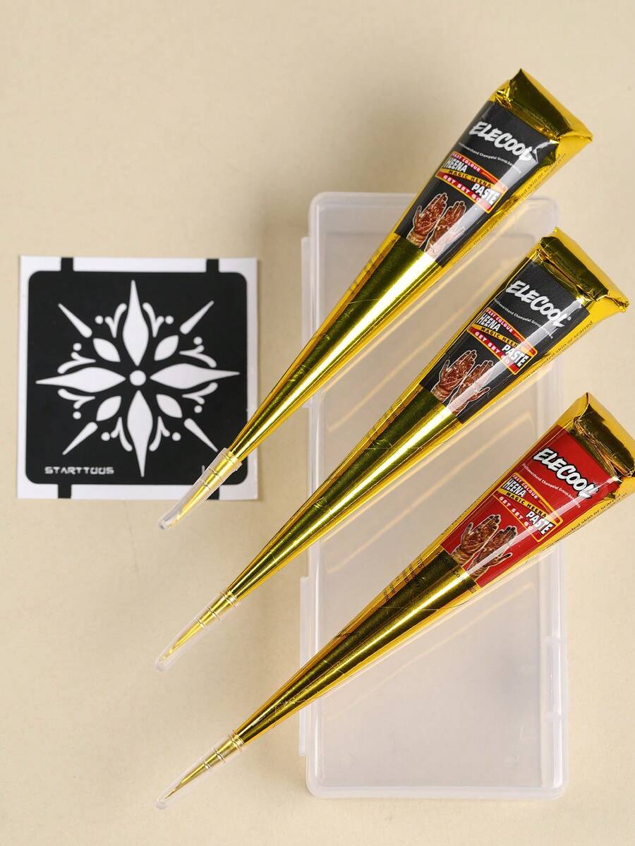 3件組（2黑+1深紅）海娜紋身膏附收納盒，半永久身體彩繪墨水，適用手腕與身體，持久顯色，植物基紋身墨水，萬聖節裝扮