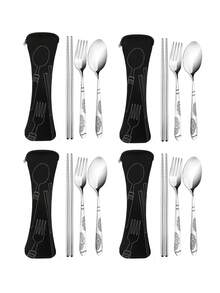 1 Set/4 Sets Portable Stainless Steel Cutlery Set With Knife, Fork, Spoon, Chopsticks, Patterned Handle Design, 1 Zipper Storage Bag, Suitable For Picnic, Camping, Student Cafeteria Dining - Multicolor - View 8