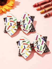 2 Stücke bunte Bleistift-Schleife Haarspangen für Kinder zum Schulanfang, Schulstil kleine Mädchen Pailletten-Schleife Haaraccessoires, vielseitige Campus-Outfit Haarspangen - Verschiedenfarbig - Übersicht 7