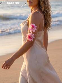 Beach Vacation Floral Arm Cuff Bohemian Style Pink Dahlia Bracelet Personalized Double Layer Arm Chain Beach Photography Accessory - Pink - View 2