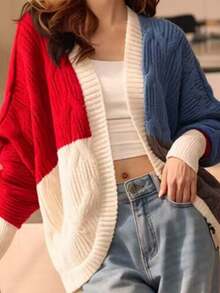 Women's Plus Size Colorblock Knit Cardigan, Red White Blue Colorway, Batwing Sleeve Open Front Sweater, Autumn/Winter Casual Fashion Street Style - Multicolor - View 3