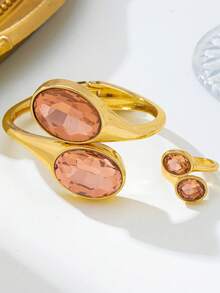 1pc Vintage Multi-Color Rhinestone Open Cuff Bracelet & Matching Ring, 2pcs Luxury Gold-Tone Set - Champagne - View 3