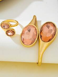 1pc Vintage Multi-Color Rhinestone Open Cuff Bracelet & Matching Ring, 2pcs Luxury Gold-Tone Set - Champagne - View 2