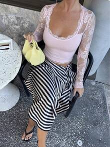 女款對比色蕾絲方領長袖針織上衣，秋季服飾 - 淺粉色 - 查看 5