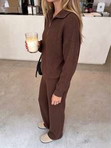 Women's Ribbed Knit Half-Zip Long Sleeve Sweater And Wide Leg Pants Set, Medium Stretch, Suitable For Autumn/Winter - Brown - View 5