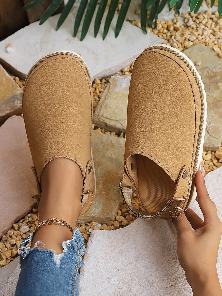 Autumn Winter Vintage Camel Two-Way Wear Birken Mules Adjustable Strap Faux Suede Platform Slip On Women Clogs - Brown - View 1