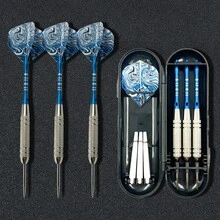 3pcs/Set Sky Blue Mixed Pattern Tail Stainless Steel Needle Darts, Professional Portable Boxed Dart Set, 19g Lightweight Feel Darts - Silver - View 1