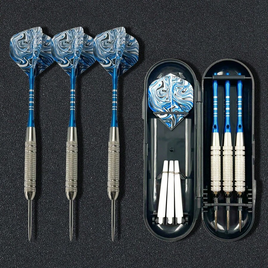 3pcs/Set Sky Blue Mixed Pattern Tail Stainless Steel Needle Darts, Professional Portable Boxed Dart Set, 19g Lightweight Feel Darts - Silver - View 1