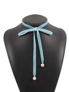 1 pieza Collar de mujer con lazo de terciopelo vintage, gargantilla de perlas elegante y minimalista de moda, cadena ajustable para la clavícula - Multicolor - Ver 13