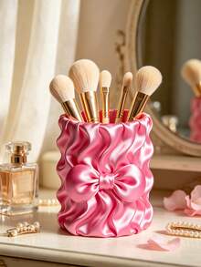 Cute Bow Satin Makeup Brush Holder, Pleated Silky Cosmetic Storage Cup, Decorative Desktop Storage Container Suitable For Vanity, Girls Makeup Accessories - Multicolor - View 5
