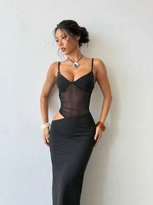 Women's Summer Black Mesh Sheer Patchwork Hollow Waist Spaghetti Strap Dress, Date, Party, Gathering - Black - View 3