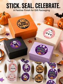 3pcs Halloween Round Sticker Rolls Assorted Ghost Pumpkin Sealing Labels For Packaging - Multicolor - View 5