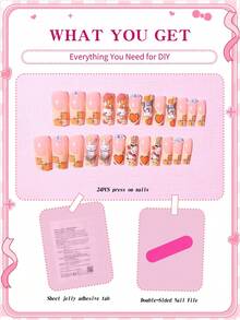 Sanrio Hello Kitty 24pcs Y2K Medium Square French Style Nail Stickers, Cute 3D Hello Kitty & Kuromi & Cinnamoroll, Heart, Maple Leaf, Rhinestone & Pearl Design, Perfect Fit Acrylic False Nails Set, Suitable For Daily And Party Use - Multicolor - View 4
